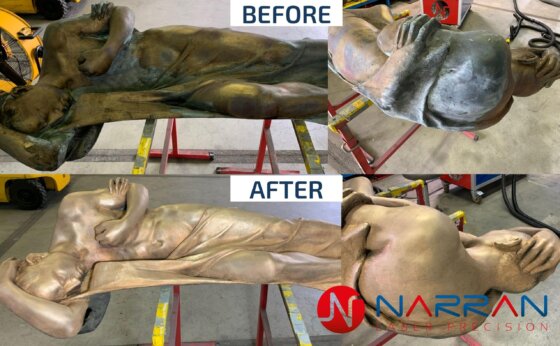 Laser cleaning metal statue