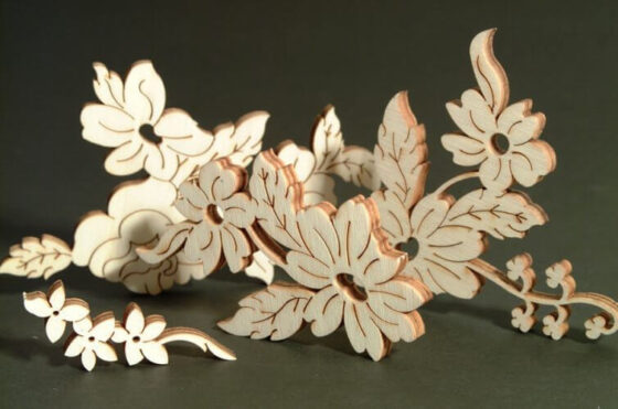 CO2 laser cut and engraved plywood flowers