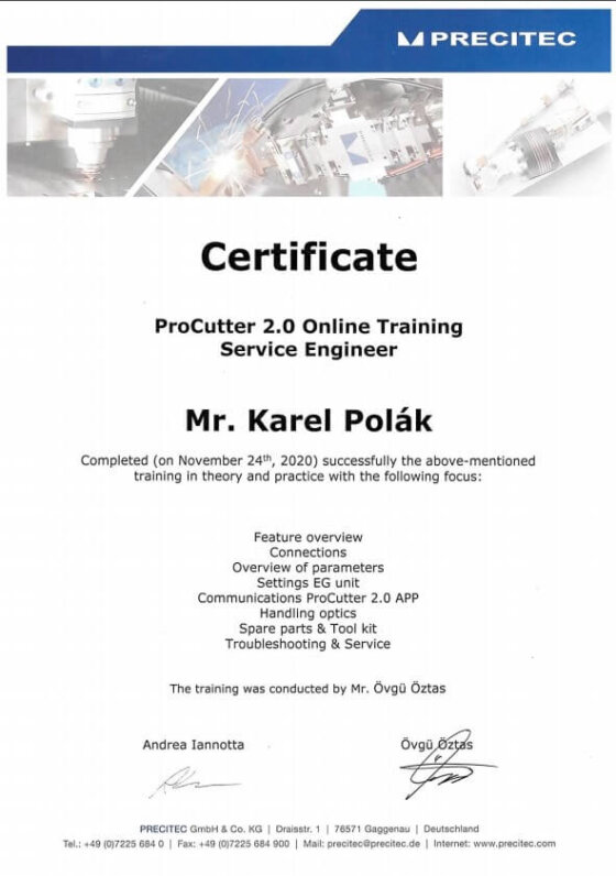 Karel Polák - Certifikace PRECITEC Procutter 2.0.