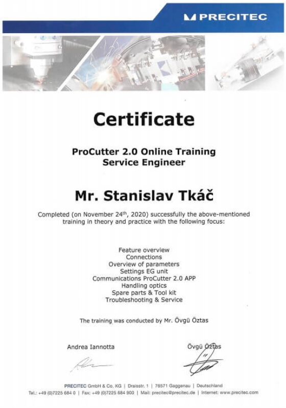 Stanislav Tkac - Certifikace PRECITEC Procutter 2.0 service engineer