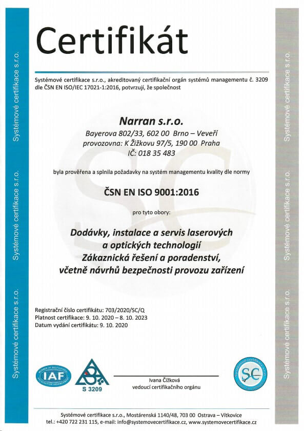 Narran s.r.o. CSN EN ISO 9001 2016