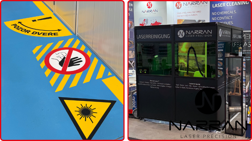 Mobile enclosure for laser cleaning, Safety signage for laser workplace and controlled area marking