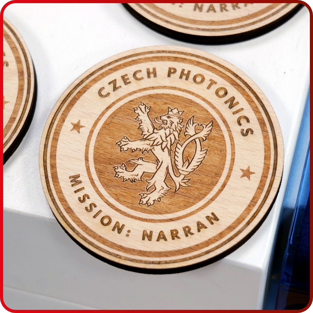 Czech Photonics Mission Narran wooden badge with Czech lion engraving